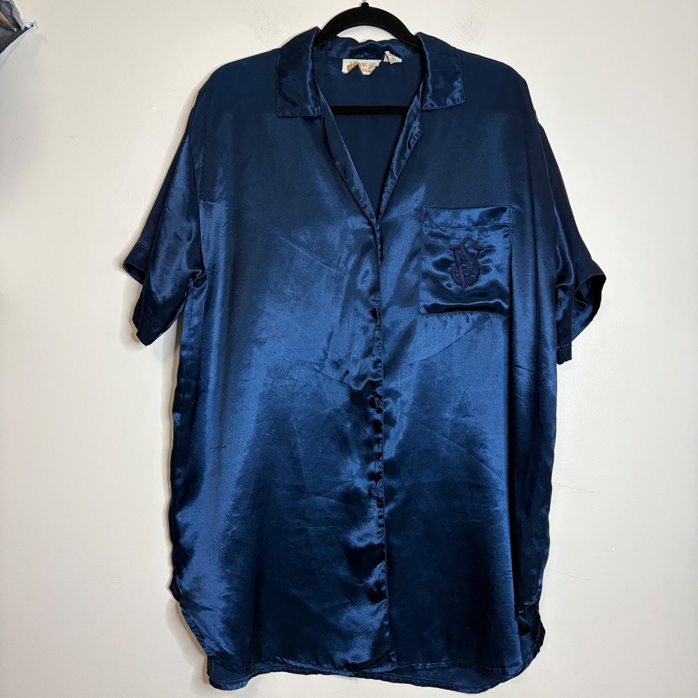 Vintage Victorias Secret Gold Label‎ Navy Blue Satin Sleep Shirt Button Up L